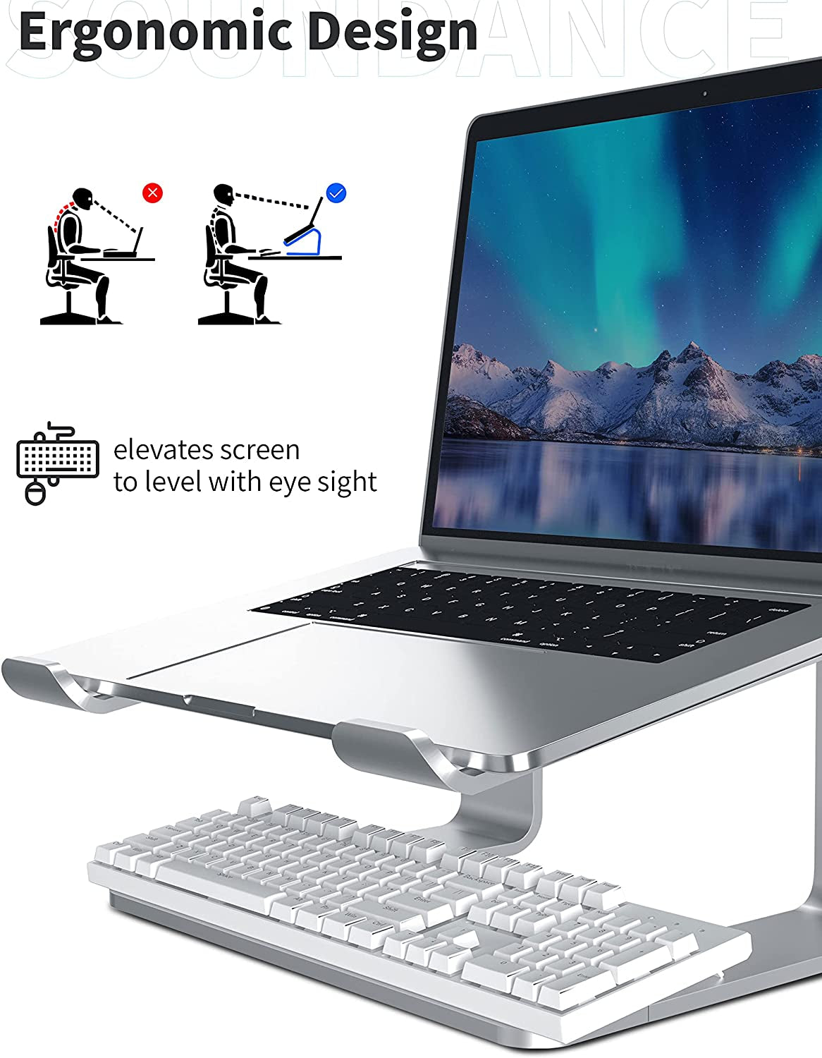 Laptop Stand, Aluminum Computer Riser, Ergonomic Laptops Elevator for Desk, Metal Holder Compatible with 10 to 15.6 Inches Notebook Computer, Silver