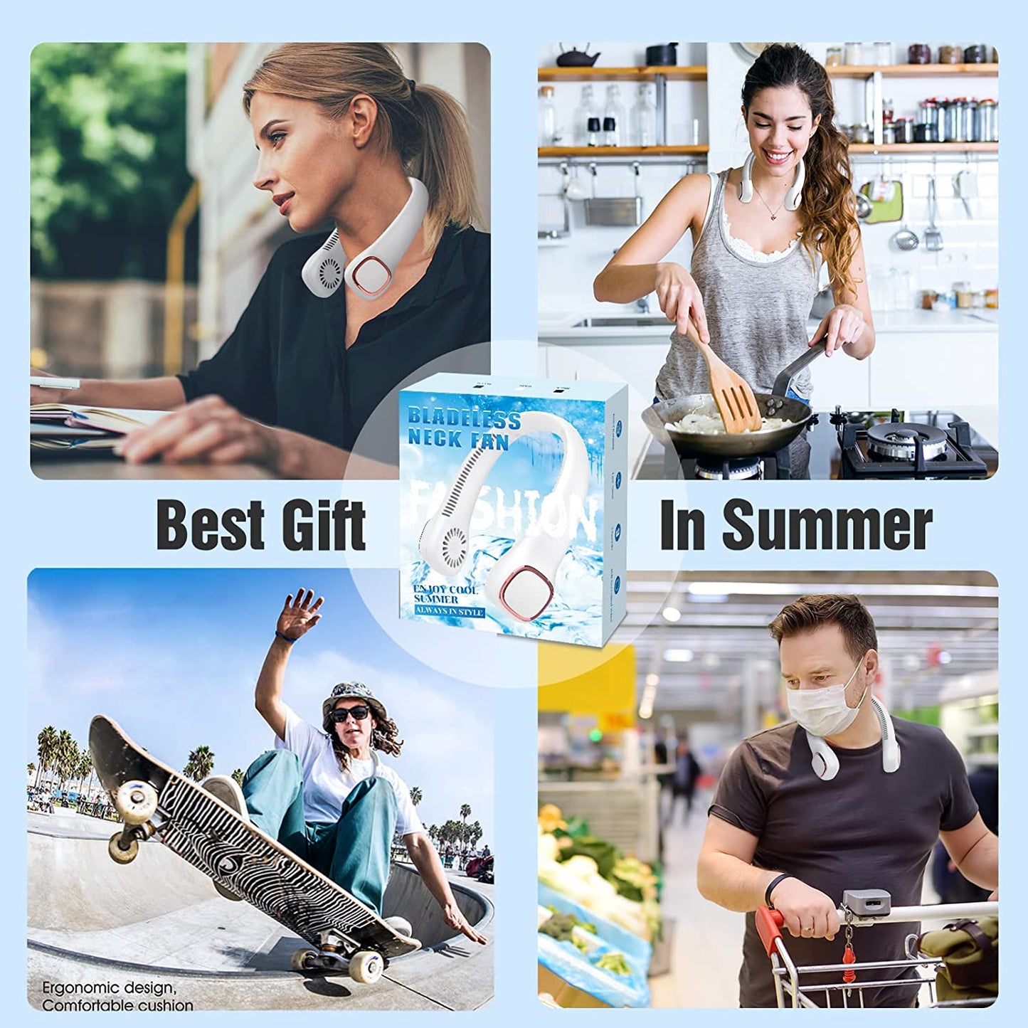 Bladeless Neck Fan, Portable Fan Rechargeable, Personal Fan, Hands Free around the Neck Fan, 3 Speeds 4000Mah Battery Operated Wearable Cooling USB Hanging Neck Fan for Office, Travel, Outdoor