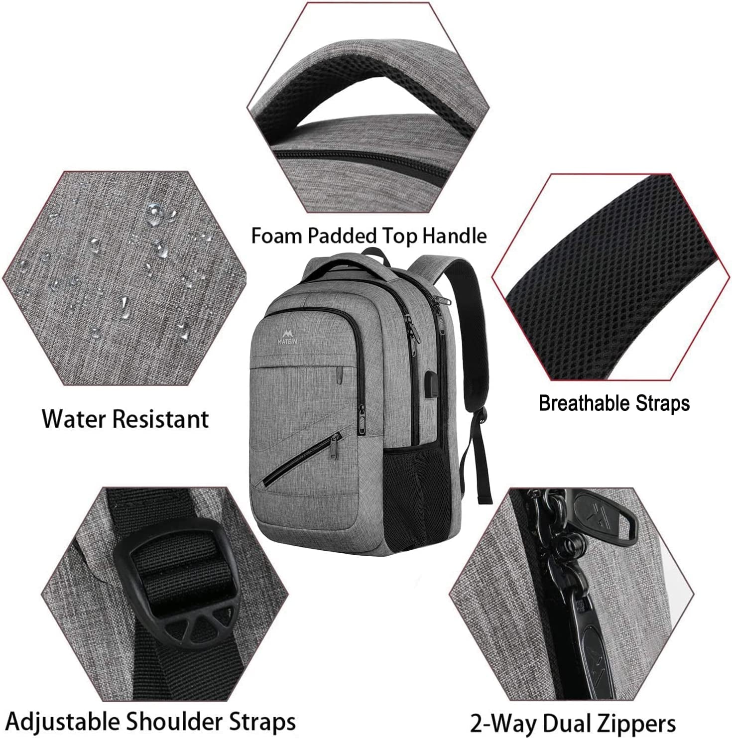 MATEIN Travel Laptop Backpack,Tsa Large Travel Backpack for Women Men, 17 Inch Business Flight Approved Carry on Backpack with USB Charger Port and Luggage Sleeve, Durable College Rucksack, Grey