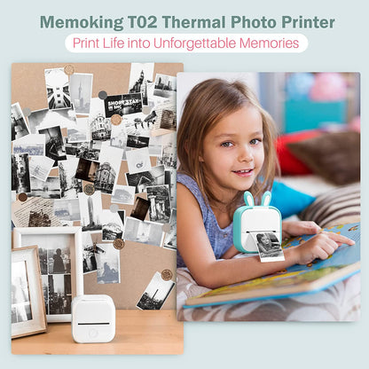 Mini Printer T02 Bluetooth Inkless Instant Photo Printer, Small Thermal Pocket Sticker Printer, Portable Mobile Phone Picture Printer, for Kids Birthday, Children, White