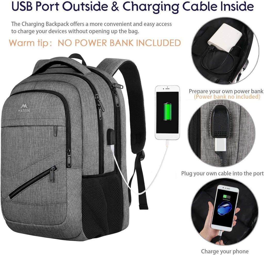 MATEIN Travel Laptop Backpack,Tsa Large Travel Backpack for Women Men, 17 Inch Business Flight Approved Carry on Backpack with USB Charger Port and Luggage Sleeve, Durable College Rucksack, Grey