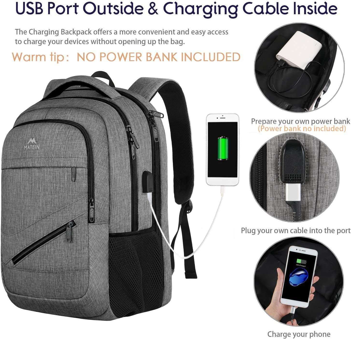 MATEIN Travel Laptop Backpack,Tsa Large Travel Backpack for Women Men, 17 Inch Business Flight Approved Carry on Backpack with USB Charger Port and Luggage Sleeve, Durable College Rucksack, Grey
