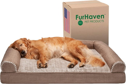 Furhaven Orthopedic Dog Bed for Large Dogs W/ Removable Bolsters & Washable Cover, for Dogs up to 95 Lbs - Luxe Faux Fur & Performance Linen Sofa - Woodsmoke, Jumbo/Xl