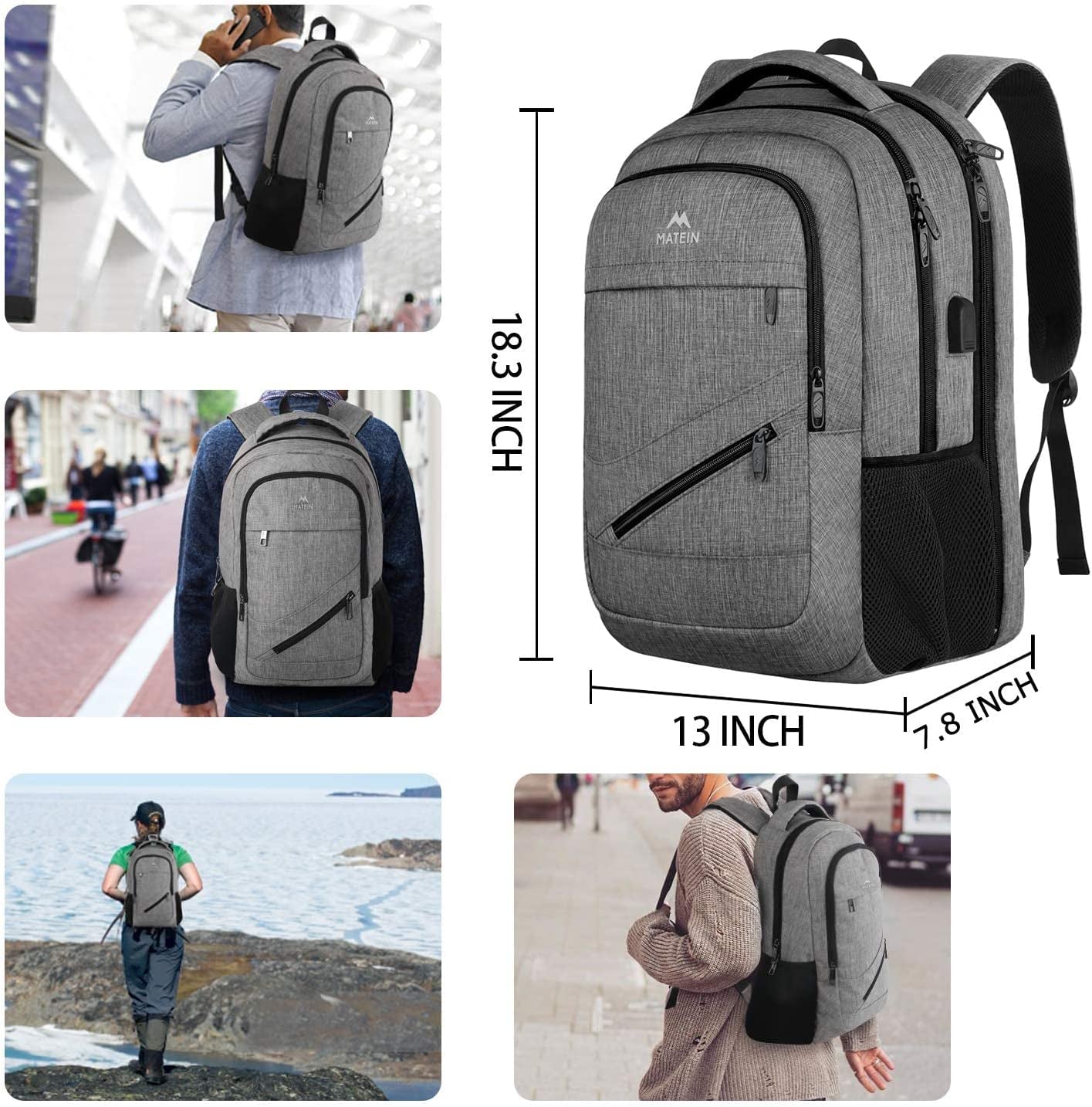 MATEIN Travel Laptop Backpack,Tsa Large Travel Backpack for Women Men, 17 Inch Business Flight Approved Carry on Backpack with USB Charger Port and Luggage Sleeve, Durable College Rucksack, Grey