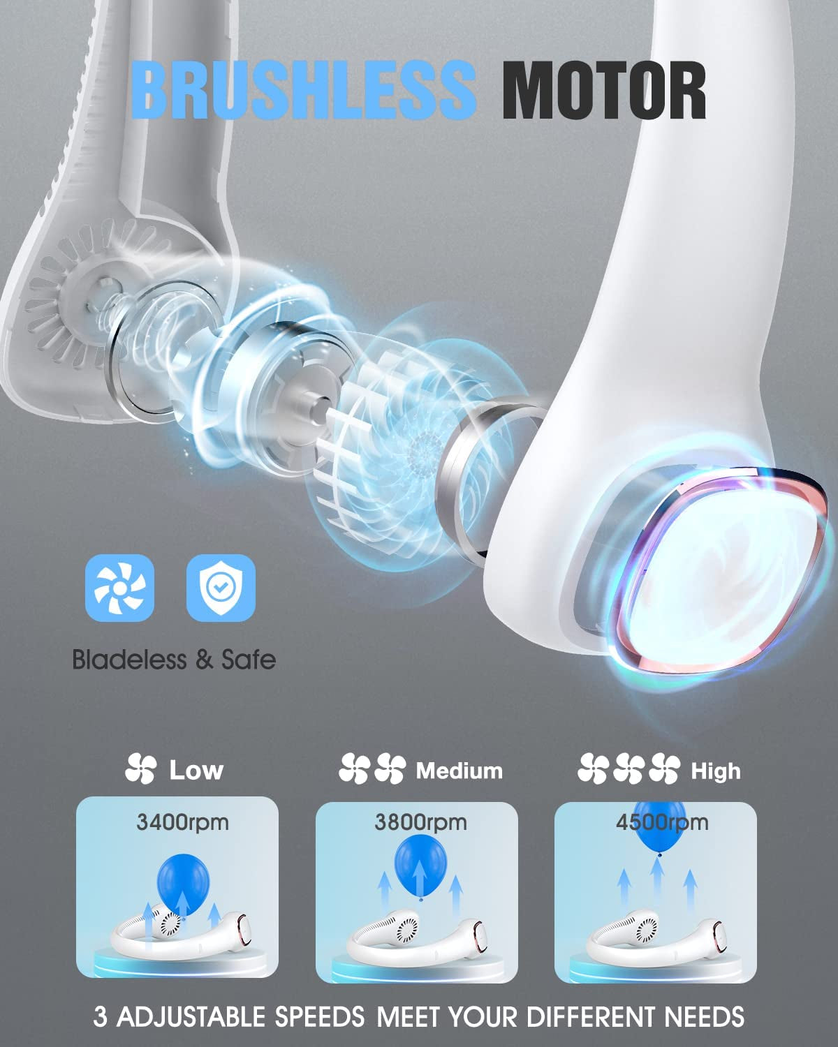 Bladeless Neck Fan, Portable Fan Rechargeable, Personal Fan, Hands Free around the Neck Fan, 3 Speeds 4000Mah Battery Operated Wearable Cooling USB Hanging Neck Fan for Office, Travel, Outdoor