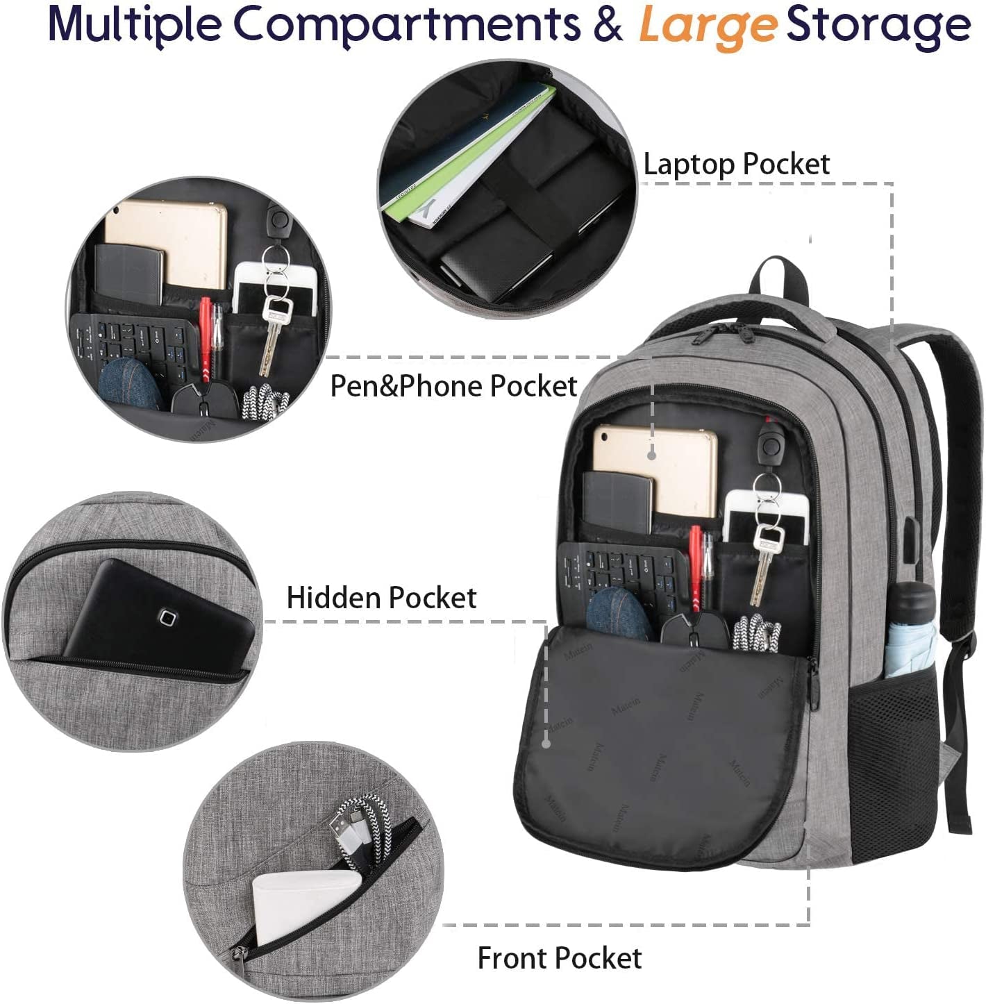 MATEIN Travel Laptop Backpack,Tsa Large Travel Backpack for Women Men, 17 Inch Business Flight Approved Carry on Backpack with USB Charger Port and Luggage Sleeve, Durable College Rucksack, Grey