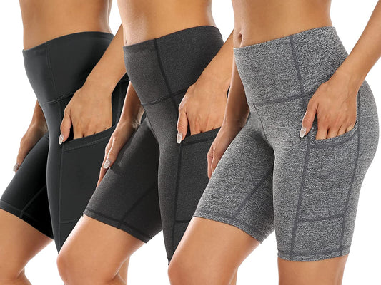 3 Pack High Waist Out Pocket Yoga Short 8"/5" Tummy Control Workout Shorts Running Athletic Non See-Through Active Shorts